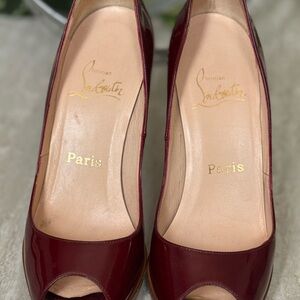 Christian Louboutin Burgundy Patent Peep-Toe Heels